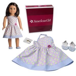 NEW American Girl CHRISSA SUNDRESS Polka Dot Flower Hair Barrettes Shoes Box